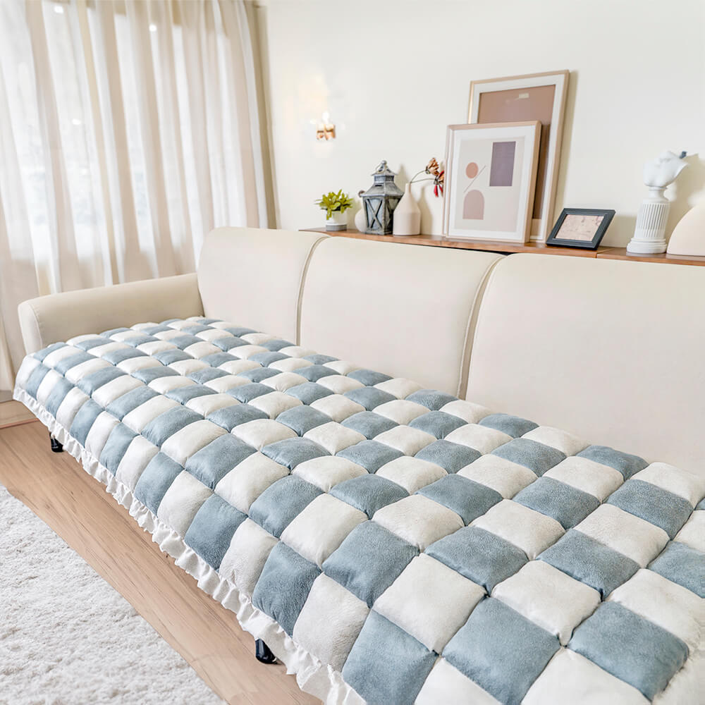 Cream-colored Large Plaid Square Fuzzy Pet Dog Mat
