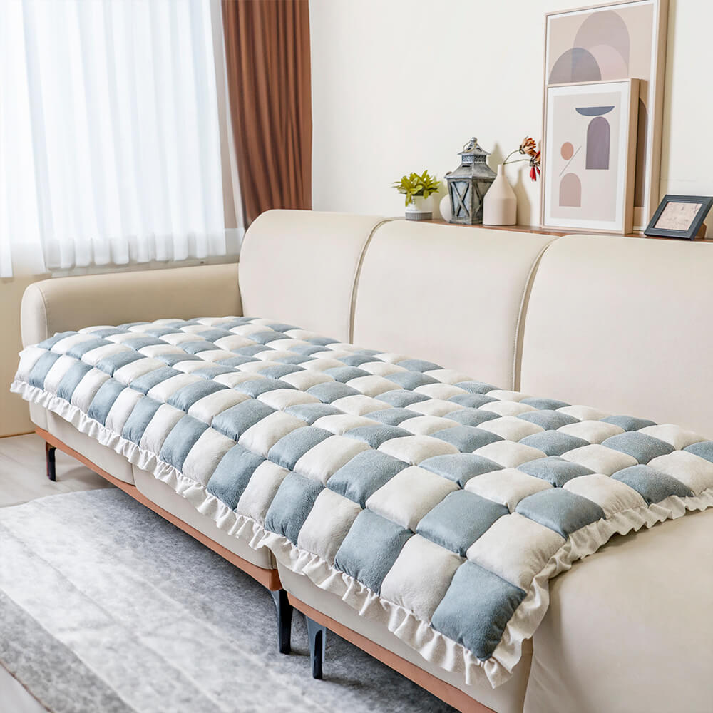 Cream-colored Large Plaid Square Fuzzy Pet Dog Mat