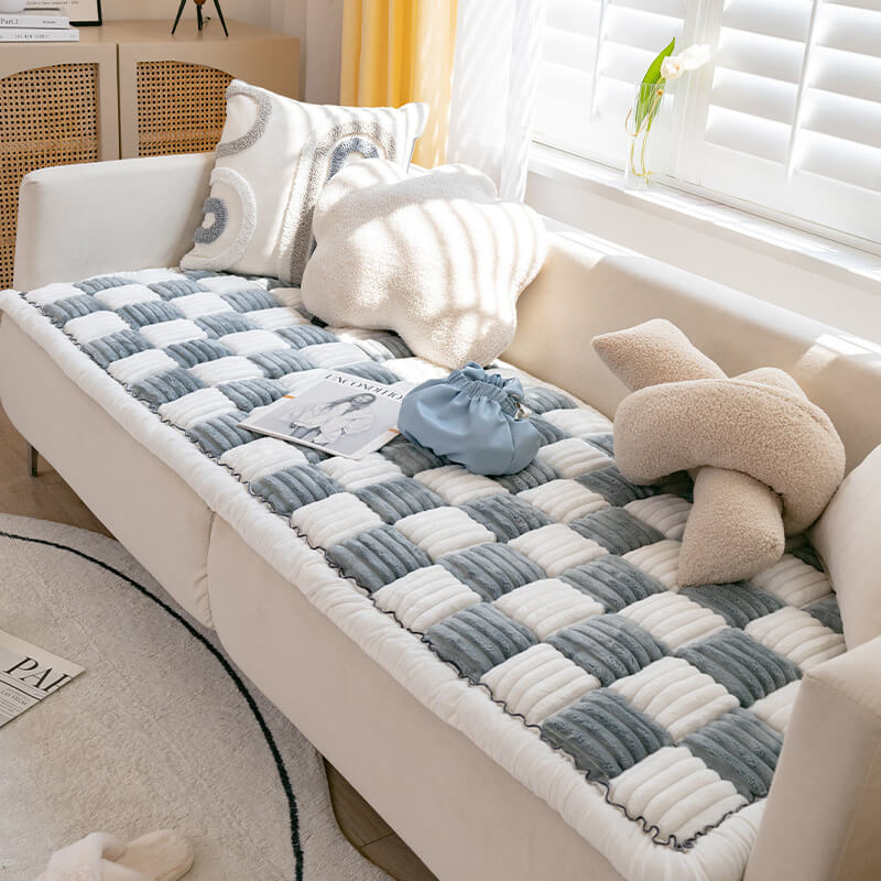 Cream-colored Large Plaid Square Fuzzy Pet Dog Mat