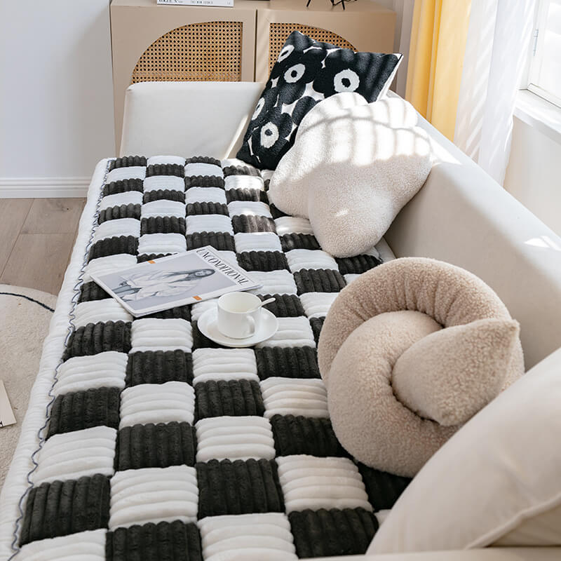 Cream-colored Large Plaid Square Fuzzy Pet Dog Mat