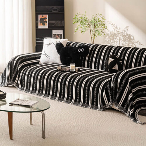 Decorative Stripe Tassel Chenille Throw Couch Cove