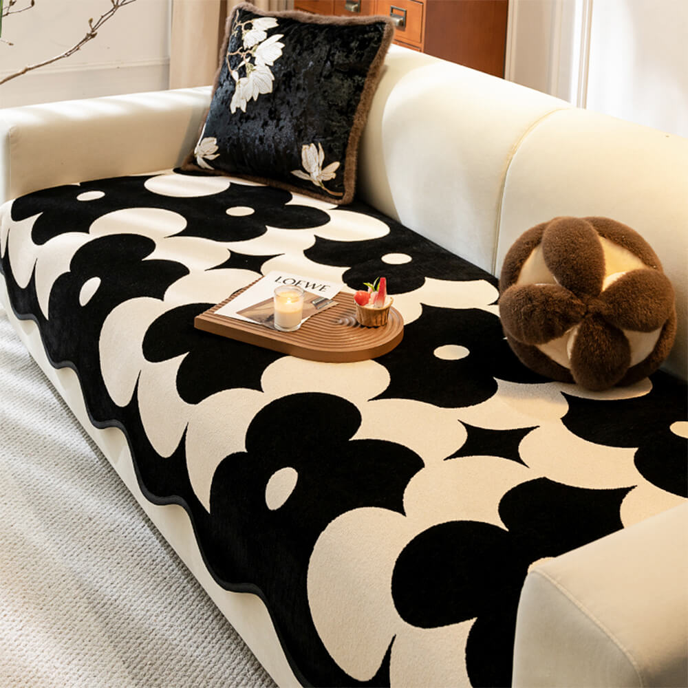 Elegant Floral Chenille Couch Cover with Wavy Bord