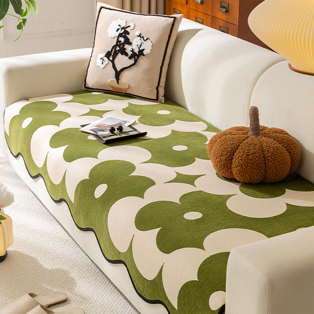 Elegant Floral Chenille Couch Cover with Wavy Bord