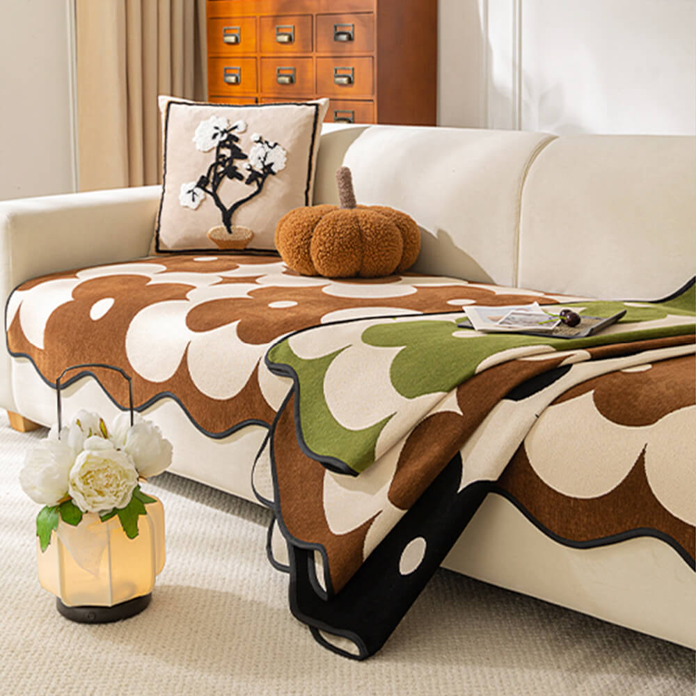 Elegant Floral Chenille Couch Cover with Wavy Bord