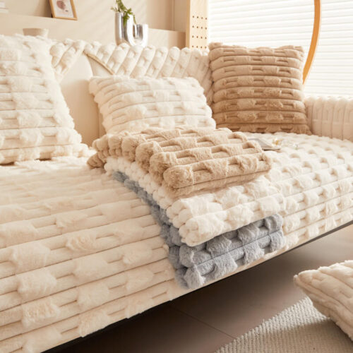 Fluffy Plush Striped Furniture Protector Couch Cov