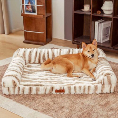 Fluffy Striped Orthopedic Bolster Dog Bed - Luxe C