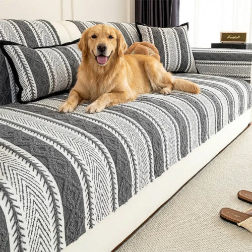Color-Blocked Striped Chenille Non-Slip Couch Cove