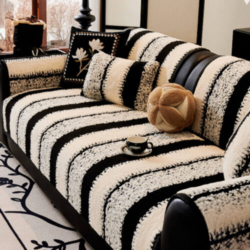 Striped Plush Chenille Thickened Cushion Protector