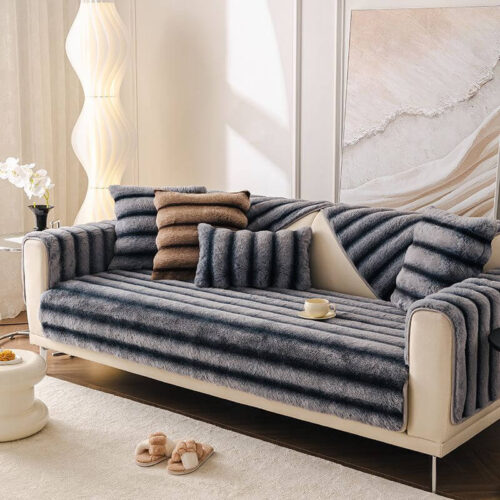 Striped Faux Rabbit Fur Sofa Protector Durable And