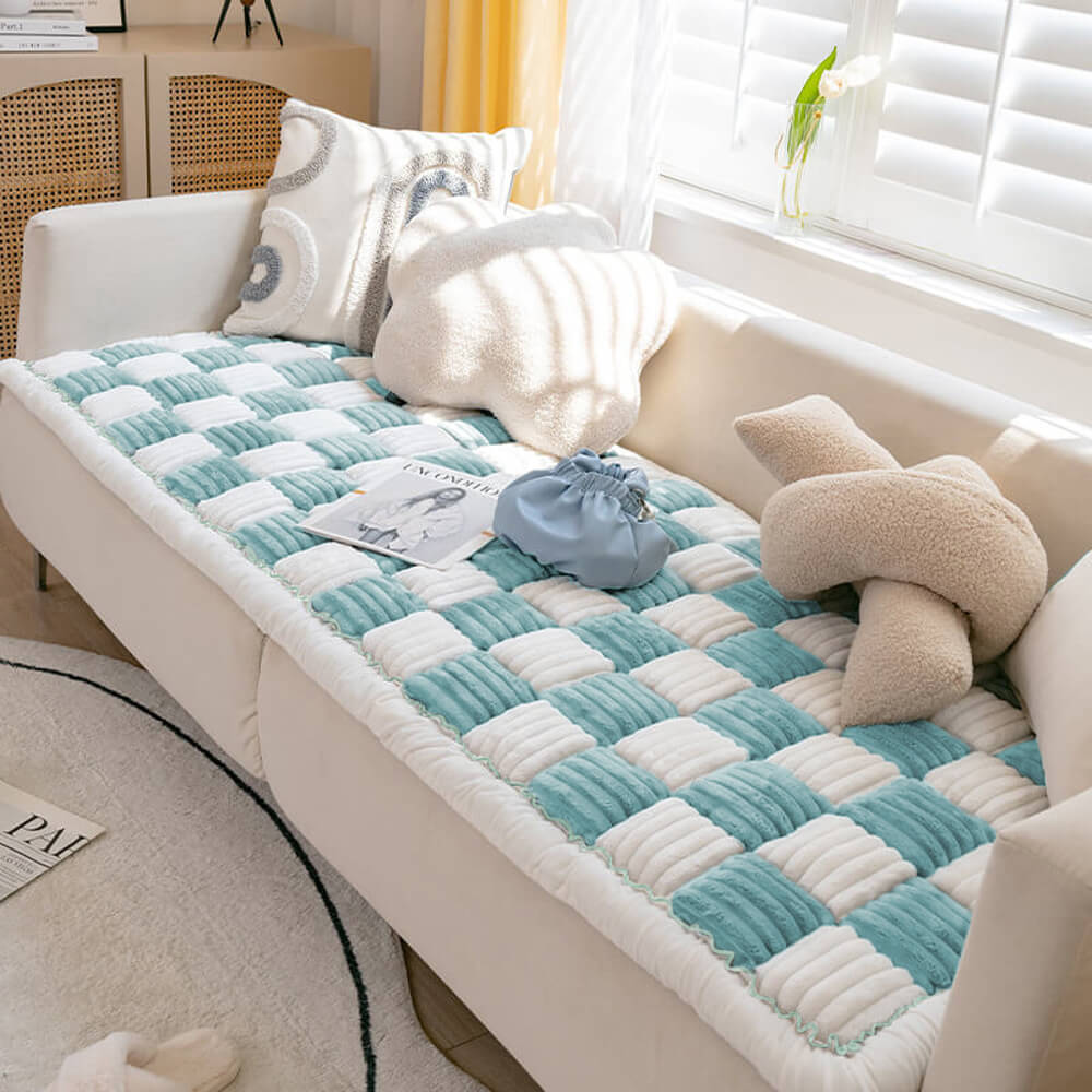 Cream-colored Large Plaid Square Fuzzy Pet Dog Mat