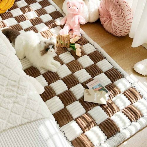 Cream-colored Large Plaid Square Fuzzy Pet Dog Mat